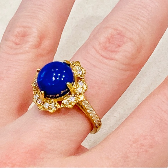 Cocktail Ring Size 6 Lapis Lazuli Cabochon & Diamonds - Picture 3 of 15